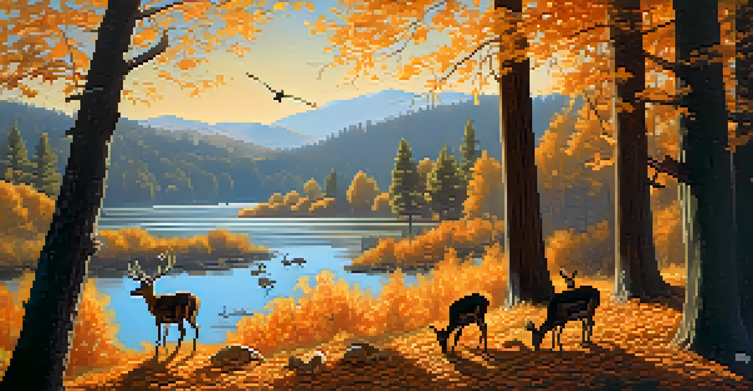 An autumn forest in Big Bear with deer foraging and geese flying overhead, surrounded by colorful foliage.