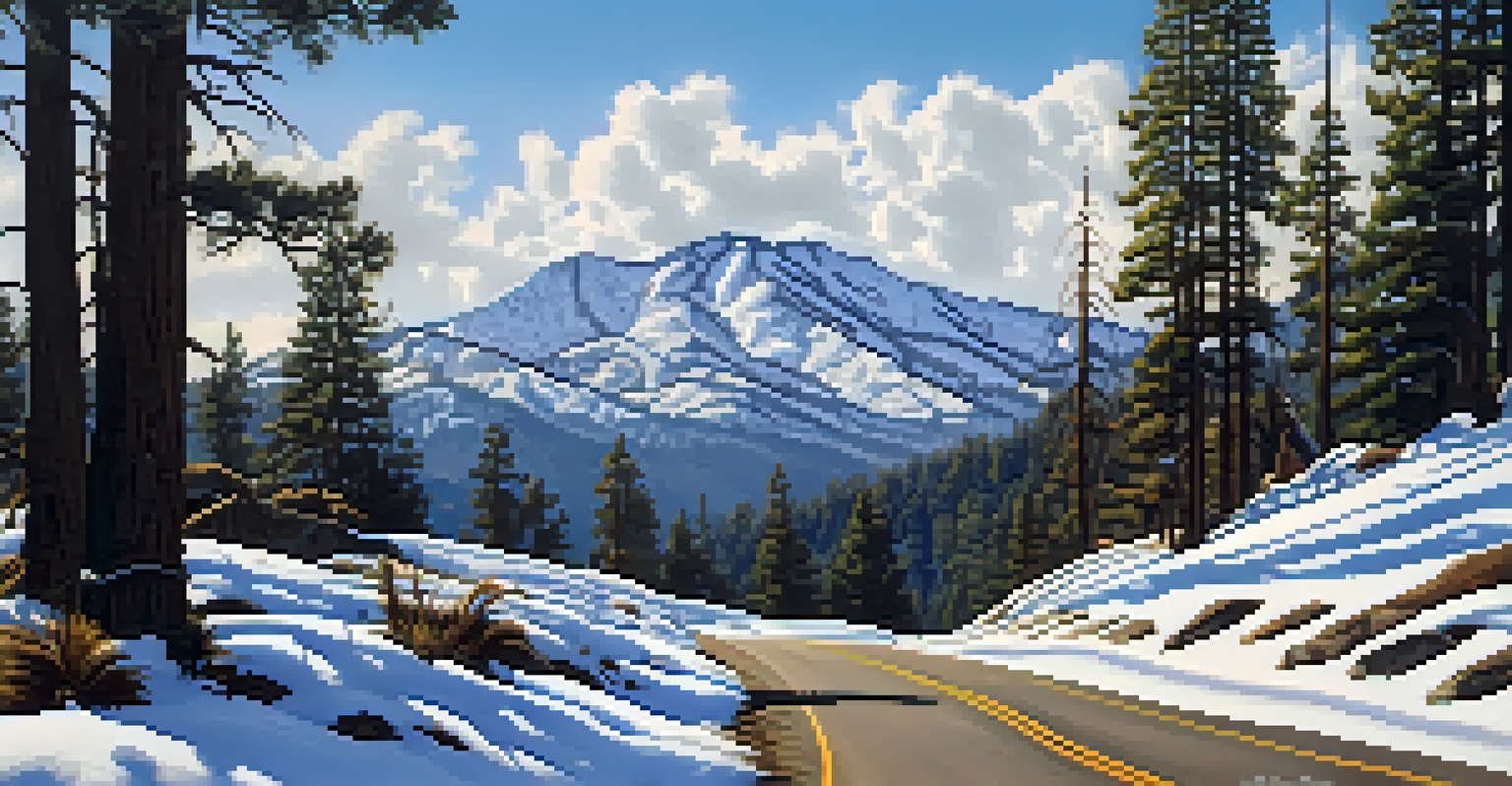 A snowy landscape along Snow Summit Drive with towering pine trees and snow-capped mountains in the background.