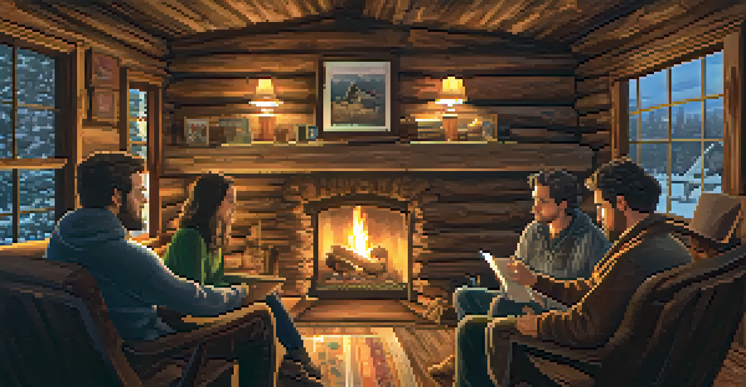 A group of writers sitting around a fireplace in a rustic cabin in Big Bear, sharing their work and enjoying warm drinks.