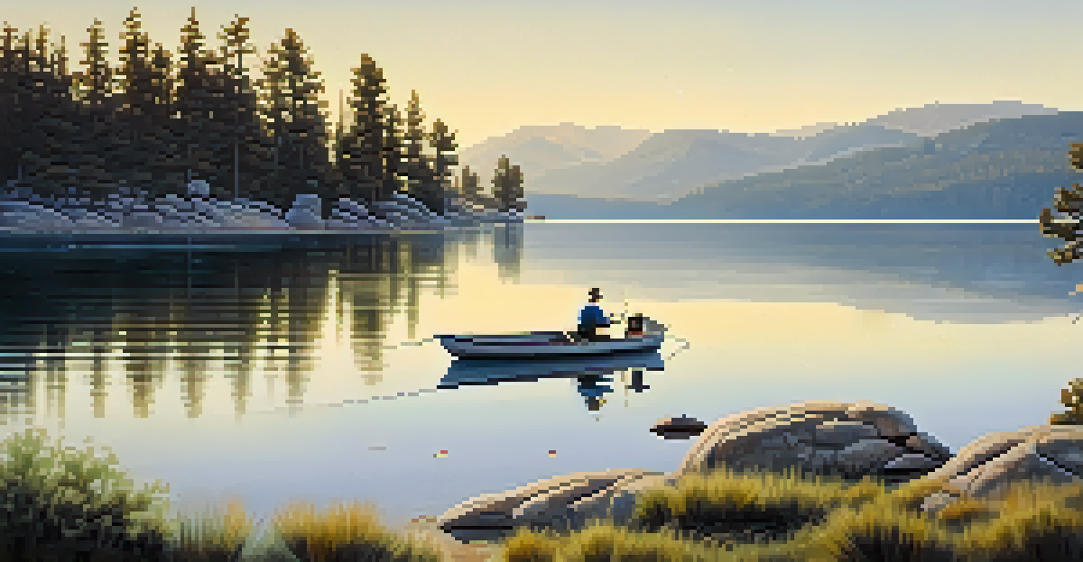 A person fishing from a boat on Big Bear Lake, surrounded by tranquil waters and nature.
