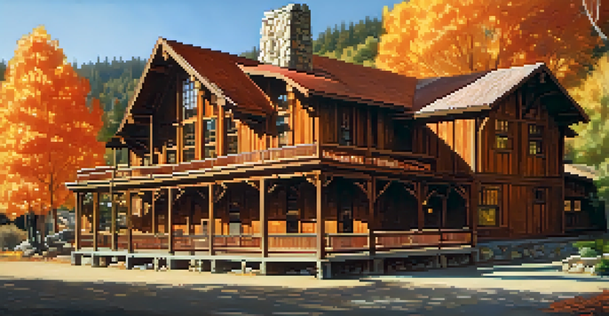 A scenic view of the Old Bear Hotel surrounded by colorful autumn trees and mountains in the background, with sunlight filtering through the foliage.