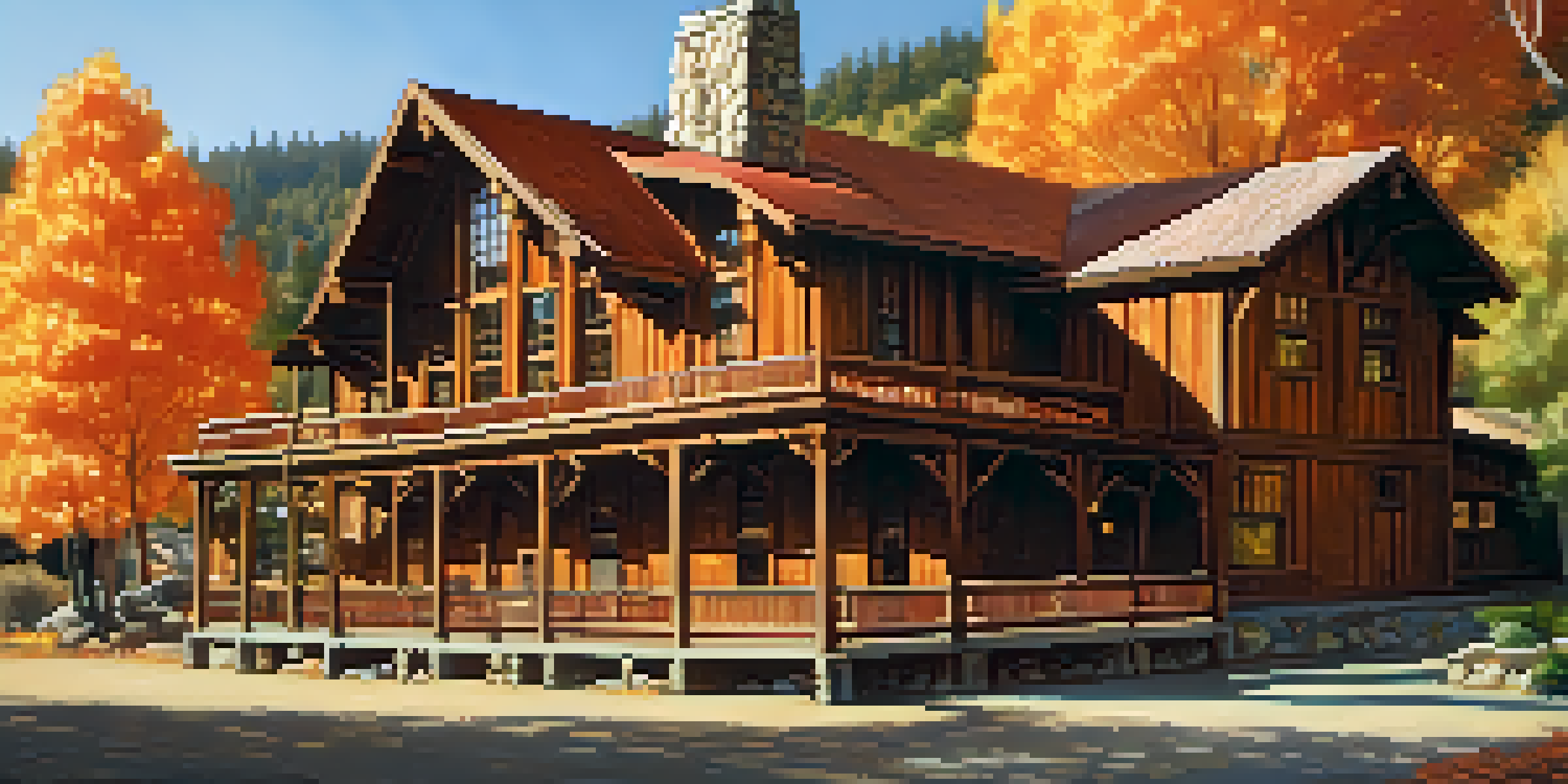A scenic view of the Old Bear Hotel surrounded by colorful autumn trees and mountains in the background, with sunlight filtering through the foliage.