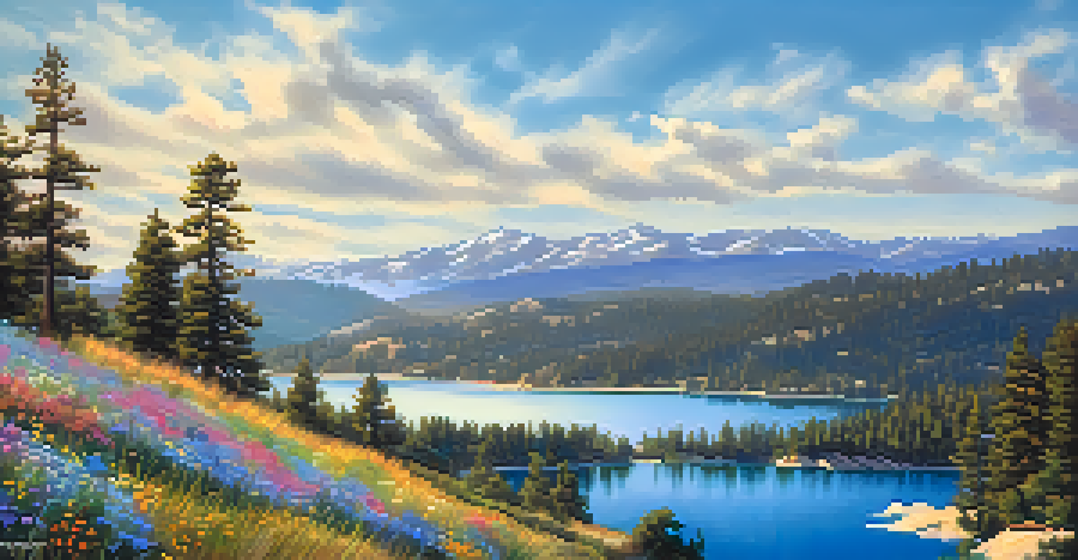 A scenic view of Big Bear's landscape with a writer walking on a trail, surrounded by flowers and a shimmering lake.