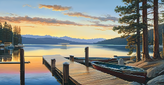 A scenic sunset view over Big Bear Lake with a wooden dock and boats, surrounded by mountains and pine trees.
