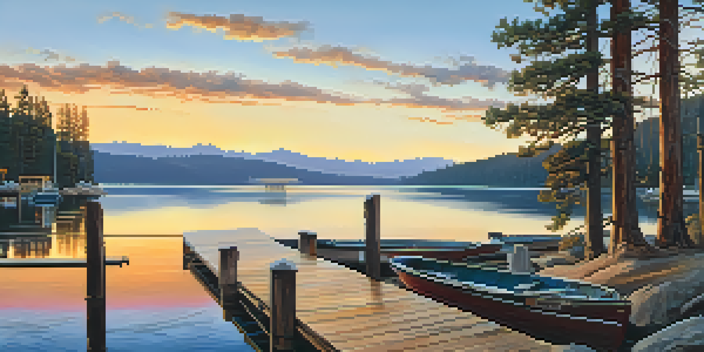 A scenic sunset view over Big Bear Lake with a wooden dock and boats, surrounded by mountains and pine trees.
