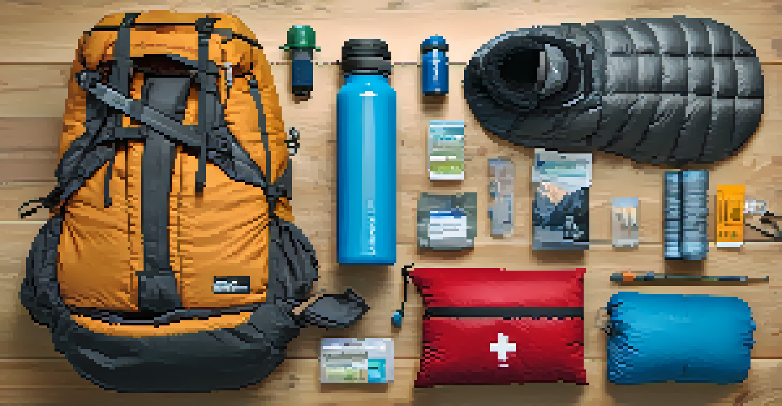 A collection of winter hiking gear including gloves, a beanie, thermal socks, a first aid kit, and an insulated water bottle on a wooden surface.