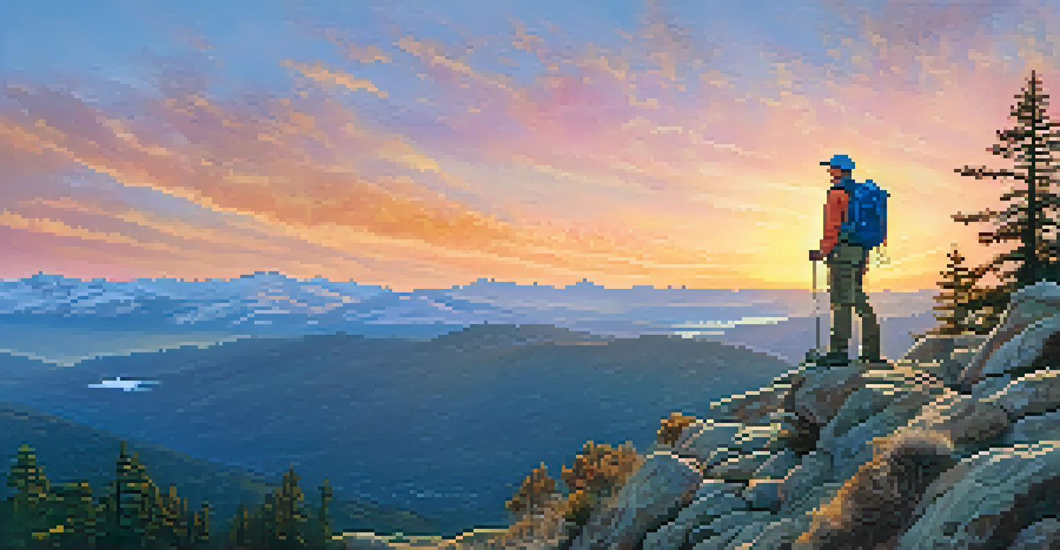 A hiker at the summit of Bertha Peak, with a stunning sunset view of Big Bear Lake and mountains in the background.