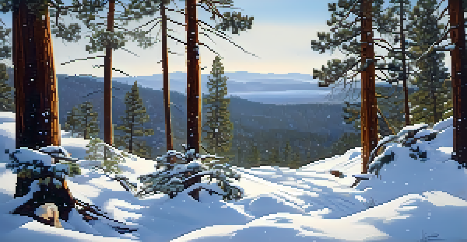 A snowy hiking trail with Jeffrey Pines and snowflakes falling, creating a serene winter landscape.