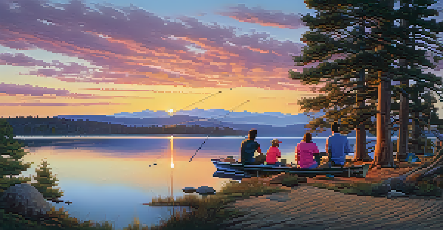 A colorful sunset at Big Bear Lake with a family fishing by the shore.