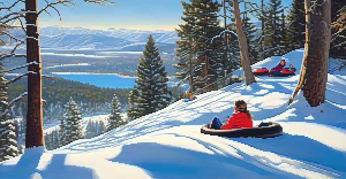 A family enjoying snow tubing on a snow-covered slope with mountains in the background.