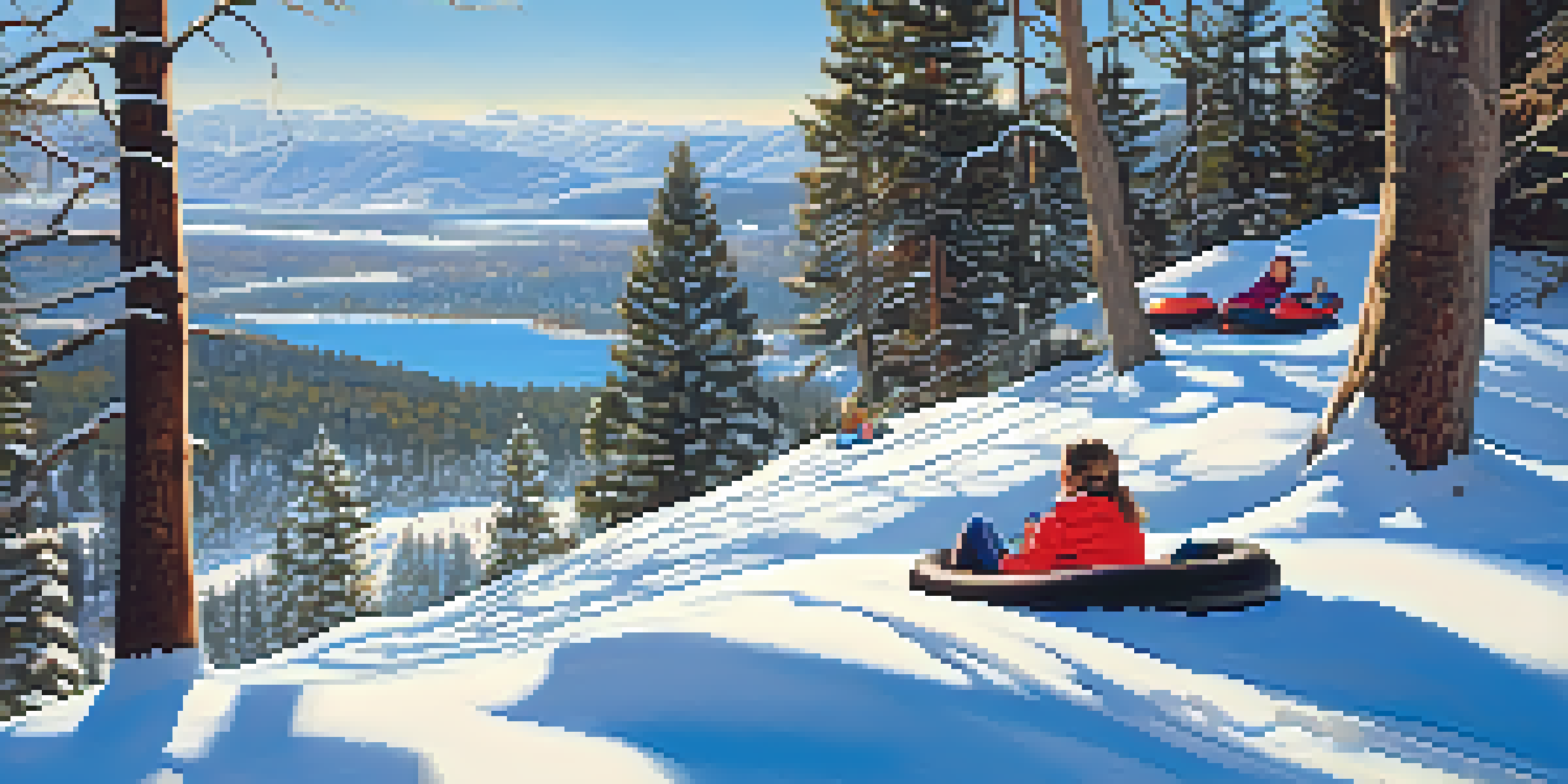 A family enjoying snow tubing on a snow-covered slope with mountains in the background.