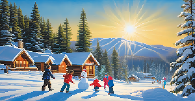 Families playing in the snow, building snowmen and having snowball fights, with snow-covered trees and cabins in the background.