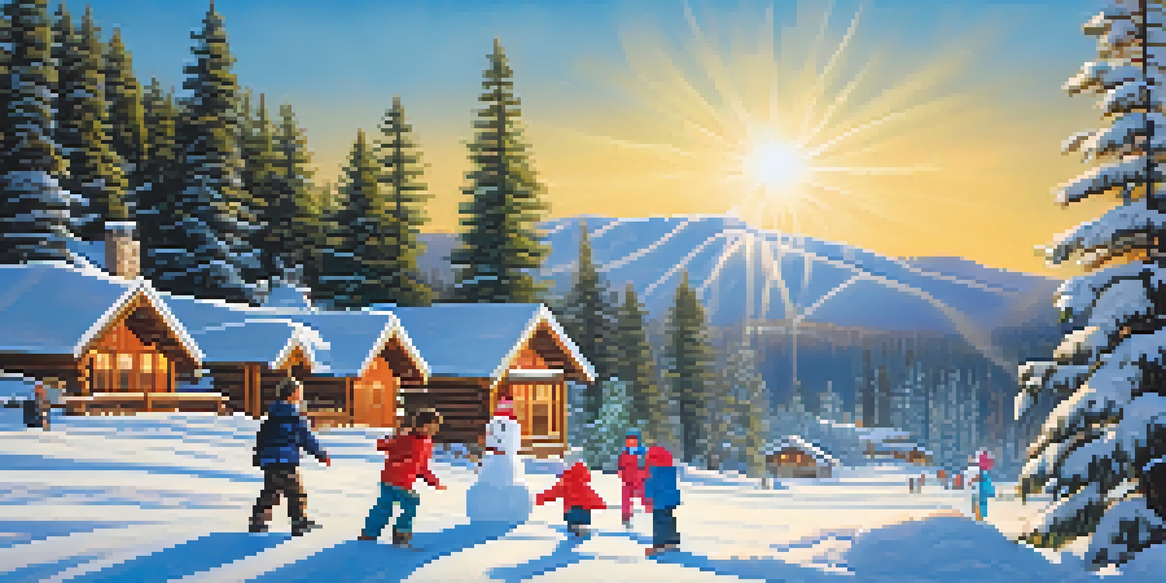 Families playing in the snow, building snowmen and having snowball fights, with snow-covered trees and cabins in the background.