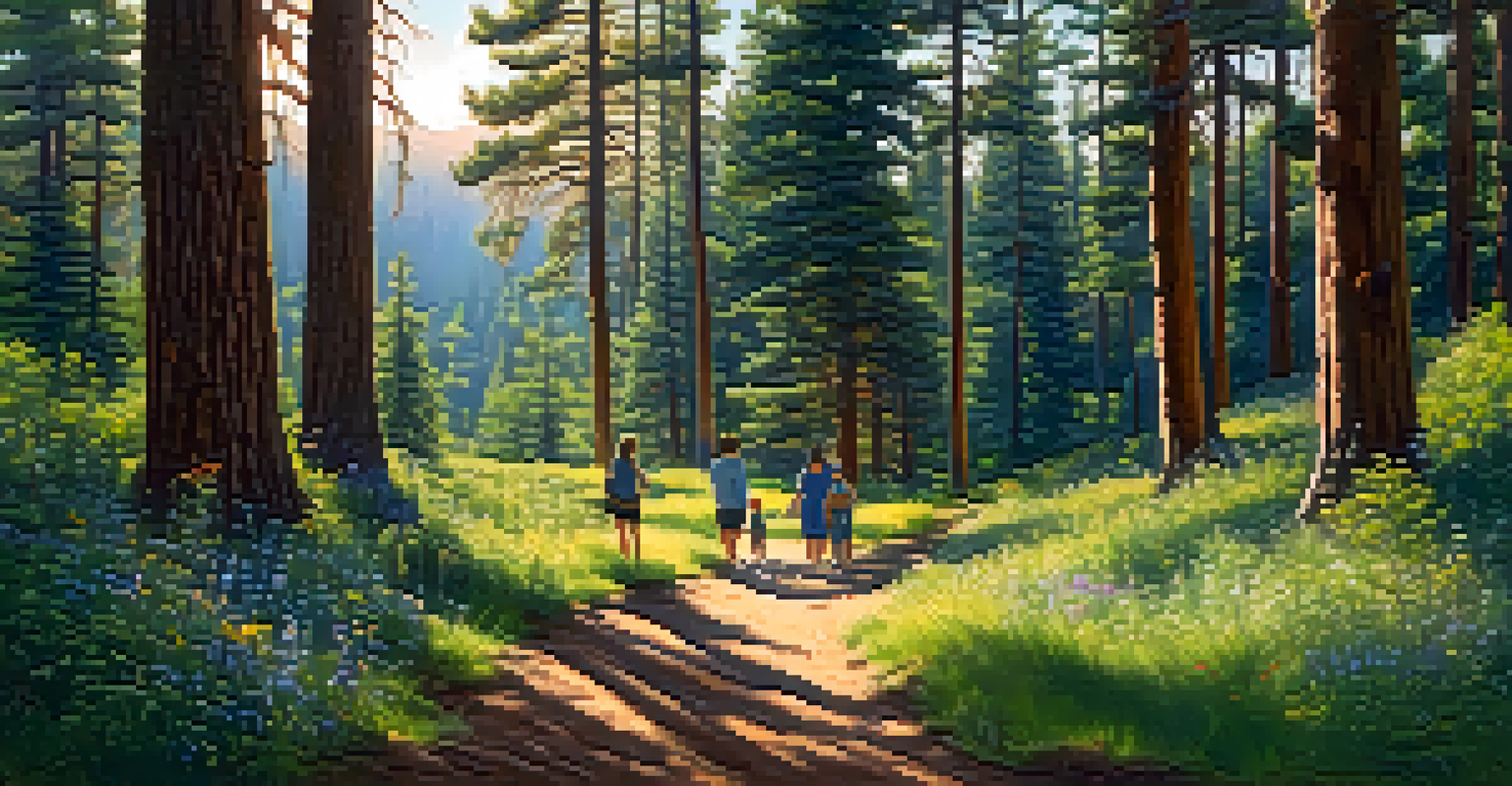A family having a picnic on Pineknot Trail surrounded by tall pine trees and wildflowers, capturing a peaceful outdoor scene.