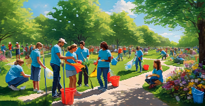 A group of diverse volunteers cleaning up a community park, surrounded by trees and flowers, with bright sunlight.