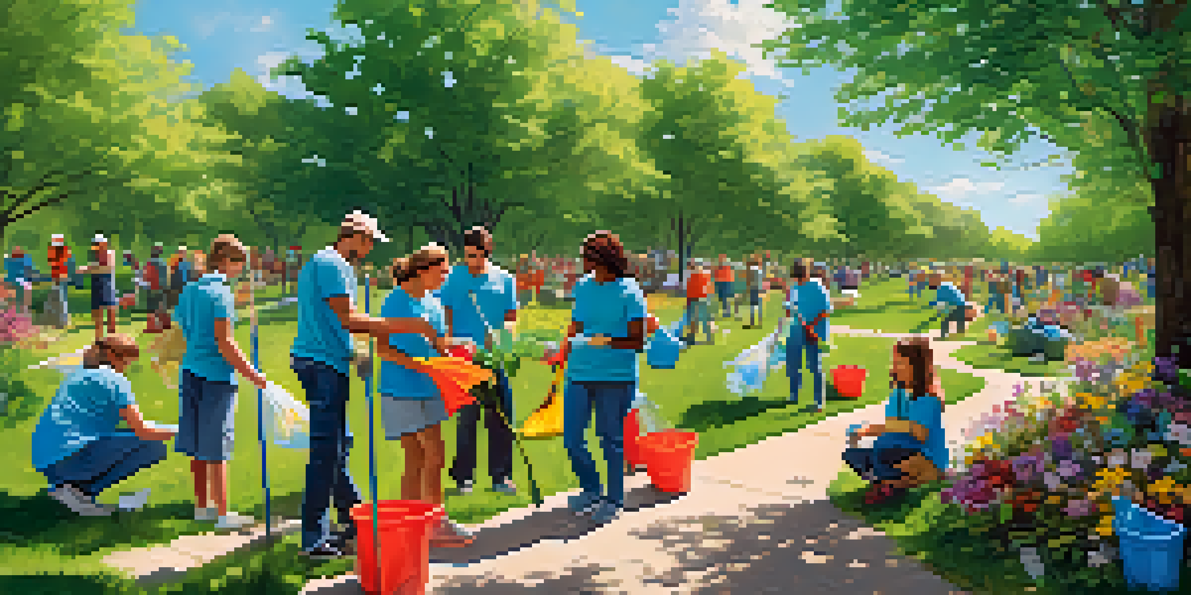 A group of diverse volunteers cleaning up a community park, surrounded by trees and flowers, with bright sunlight.