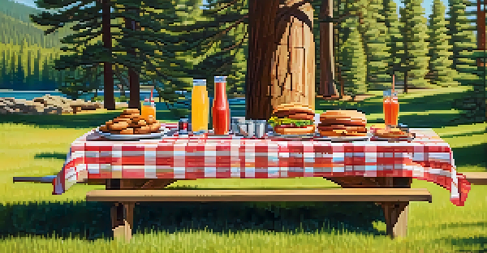 An outdoor summer BBQ gathering in Big Bear, featuring a wooden picnic table laden with grilled food and drinks, set against a backdrop of pine trees and mountains.