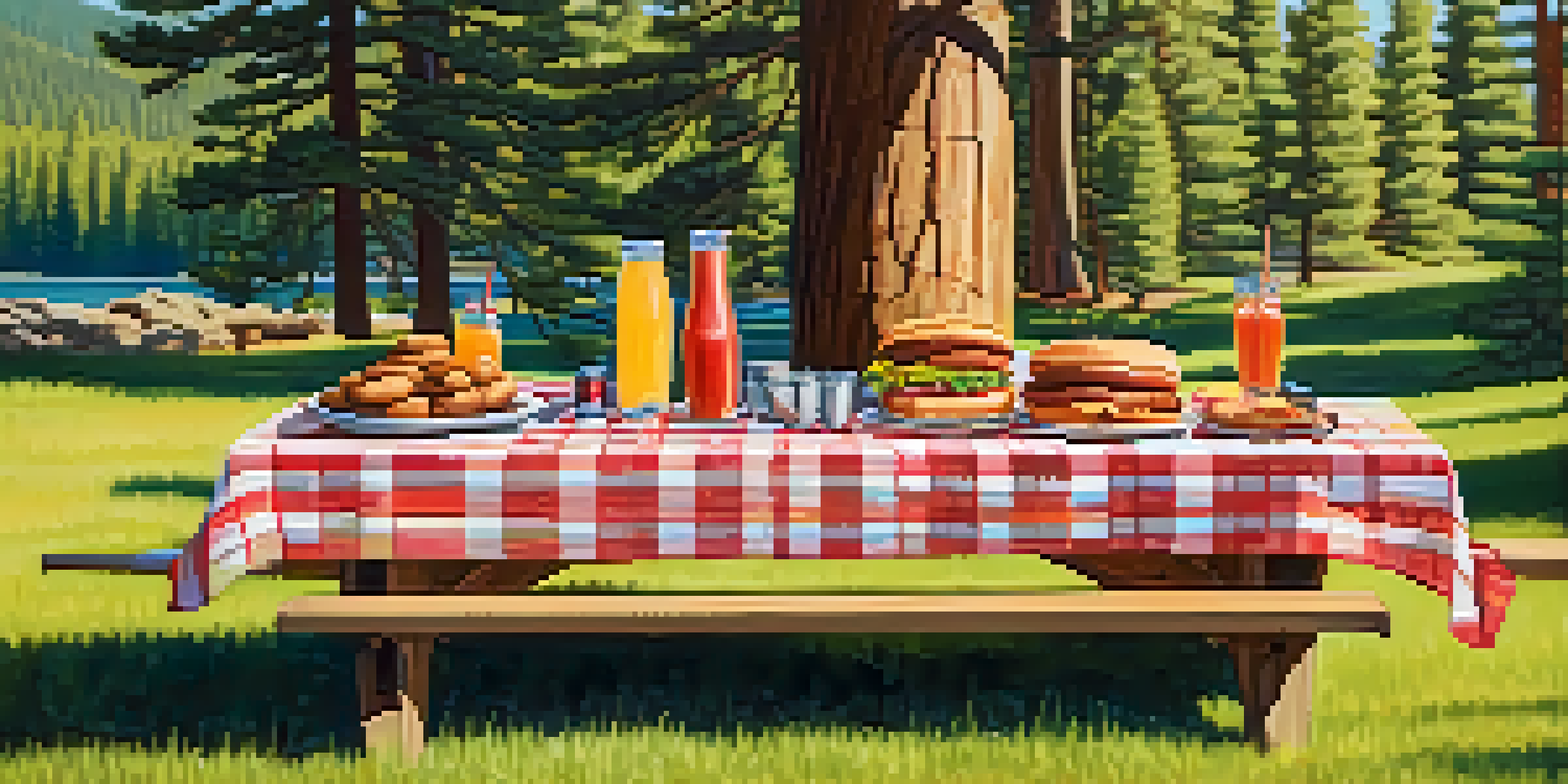 An outdoor summer BBQ gathering in Big Bear, featuring a wooden picnic table laden with grilled food and drinks, set against a backdrop of pine trees and mountains.