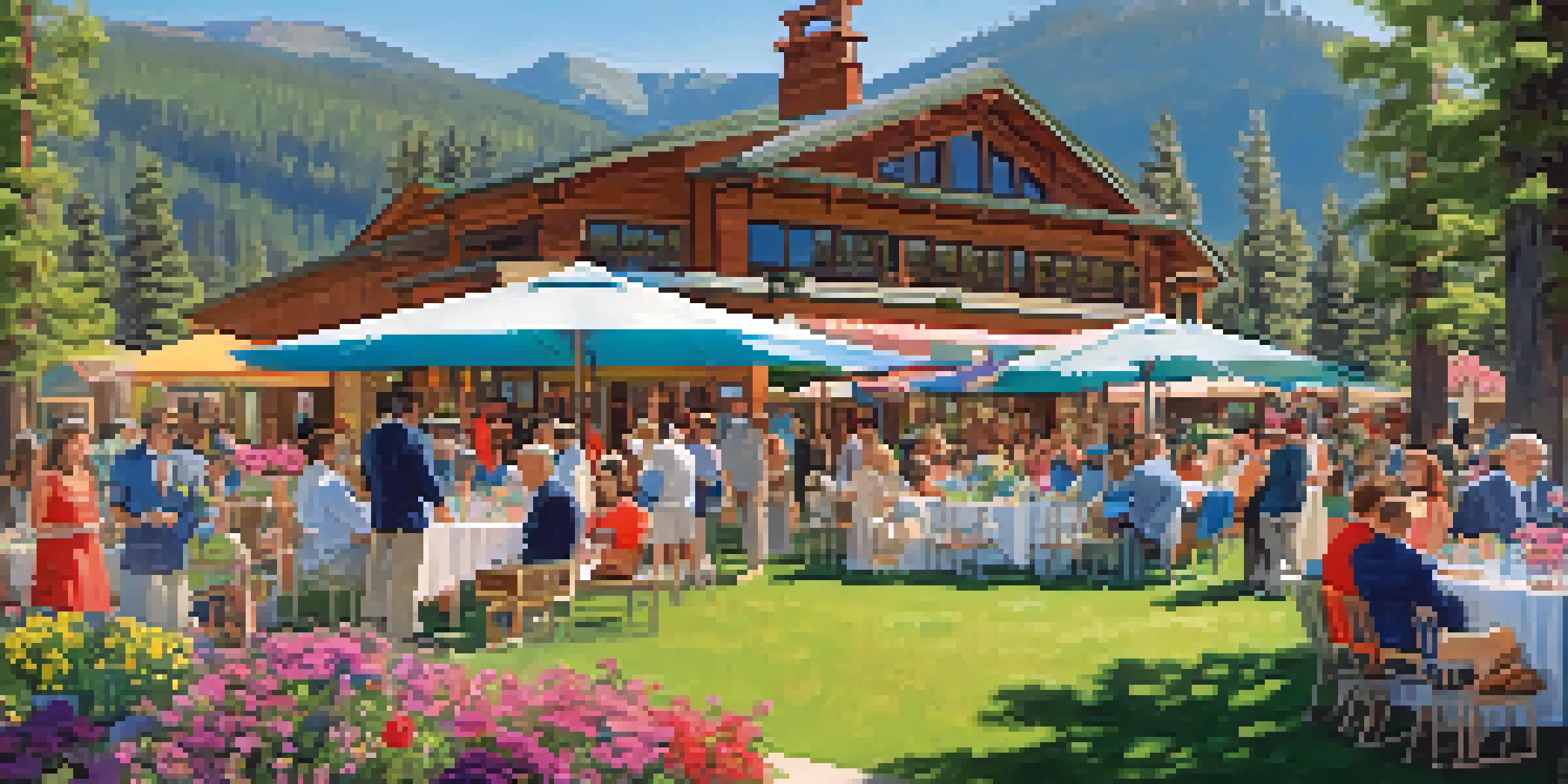 A lively gathering at the Spring Gala with people enjoying various activities amidst colorful flowers and decorations, set against a backdrop of mountains and a clear sky.