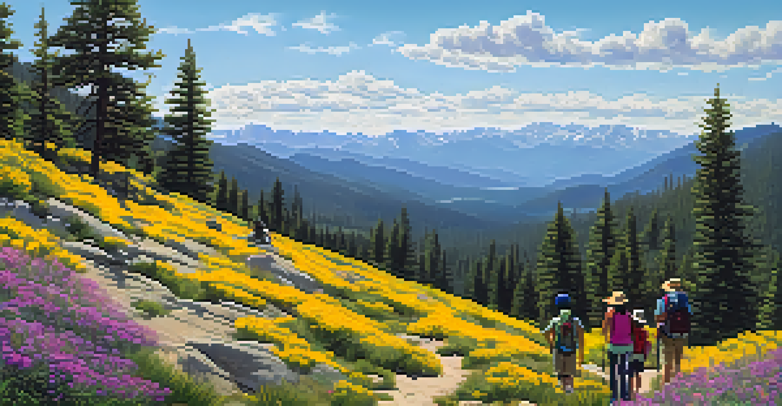 A family hiking along a trail surrounded by wildflowers and mountains on a sunny day.