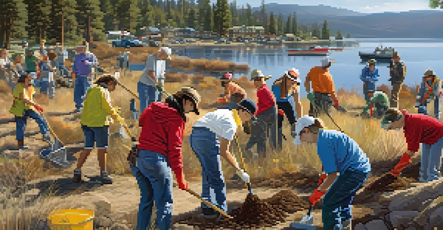 Volunteers of different ages participating in a conservation event by Big Bear Lake, planting trees and cleaning up the area, with the lake visible in the background.