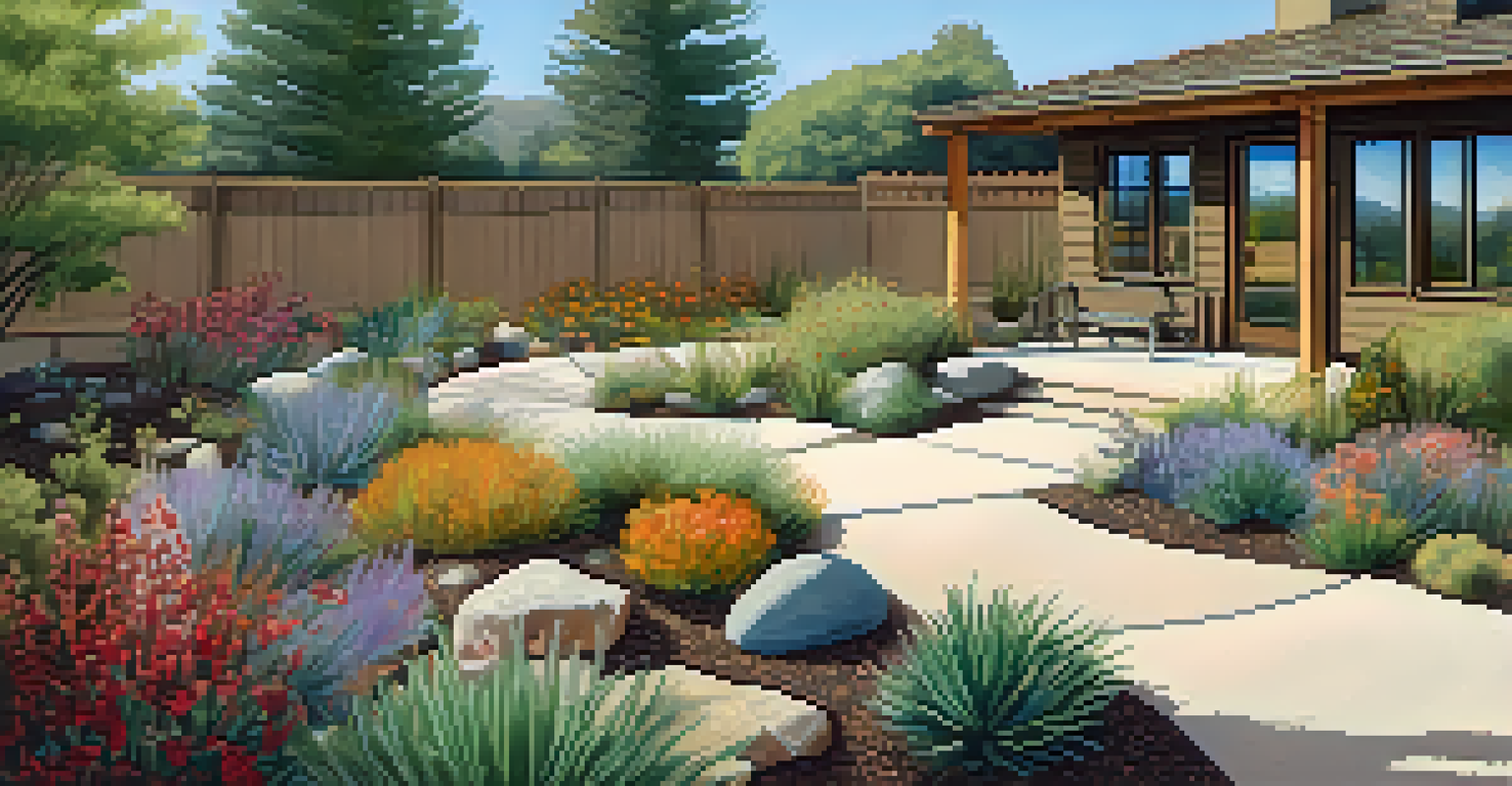 A xeriscaped garden in Big Bear with drought-resistant plants and stone pathways, emphasizing sustainability.