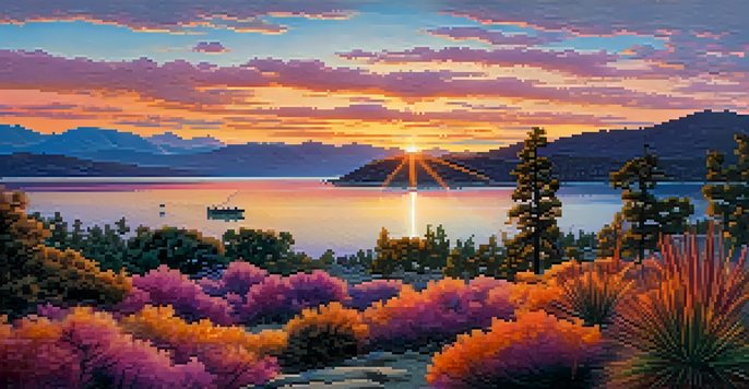 A beautiful view of Big Bear Lake at sunset with native people gathering plants and fishing.