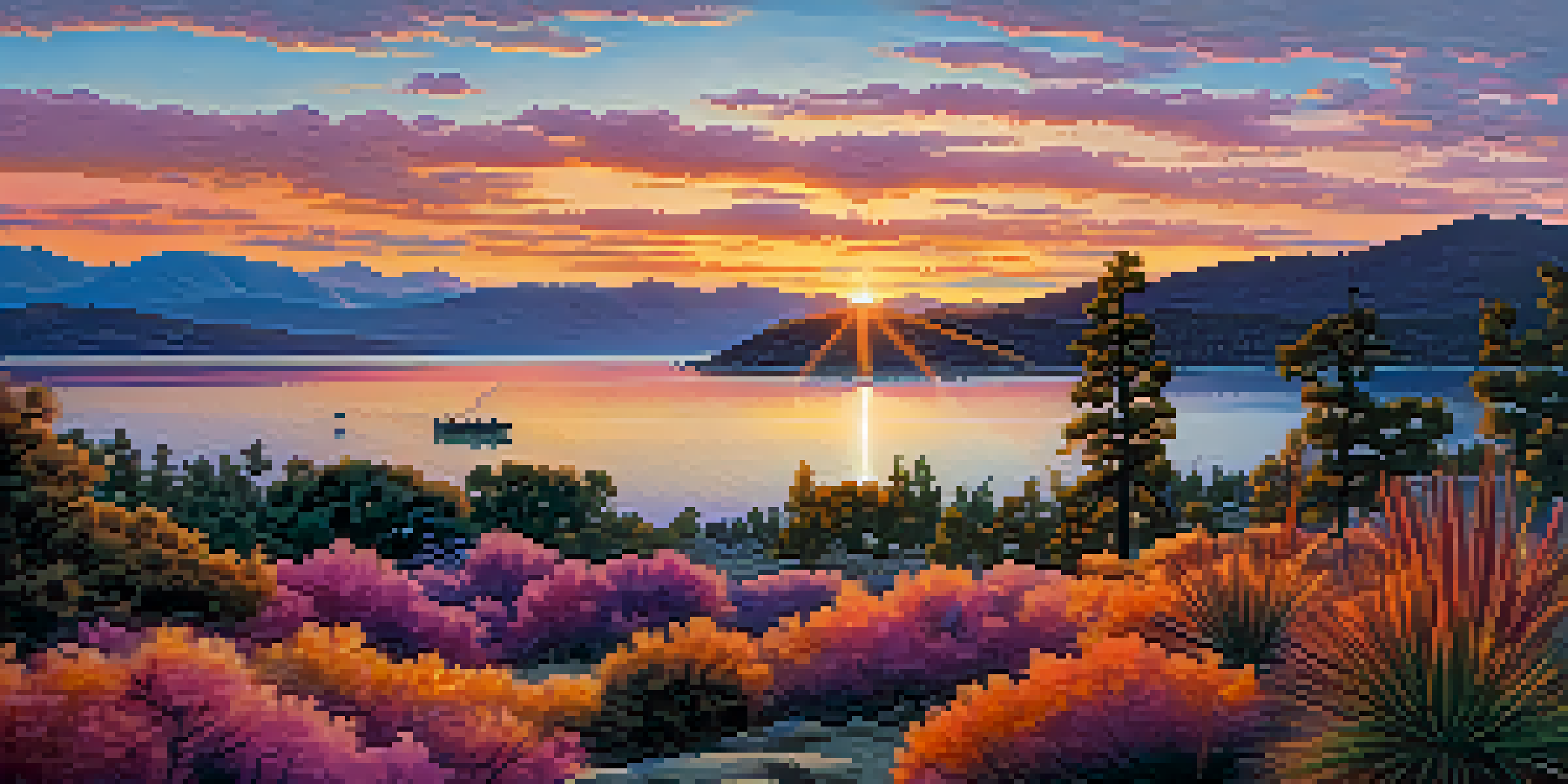 A beautiful view of Big Bear Lake at sunset with native people gathering plants and fishing.