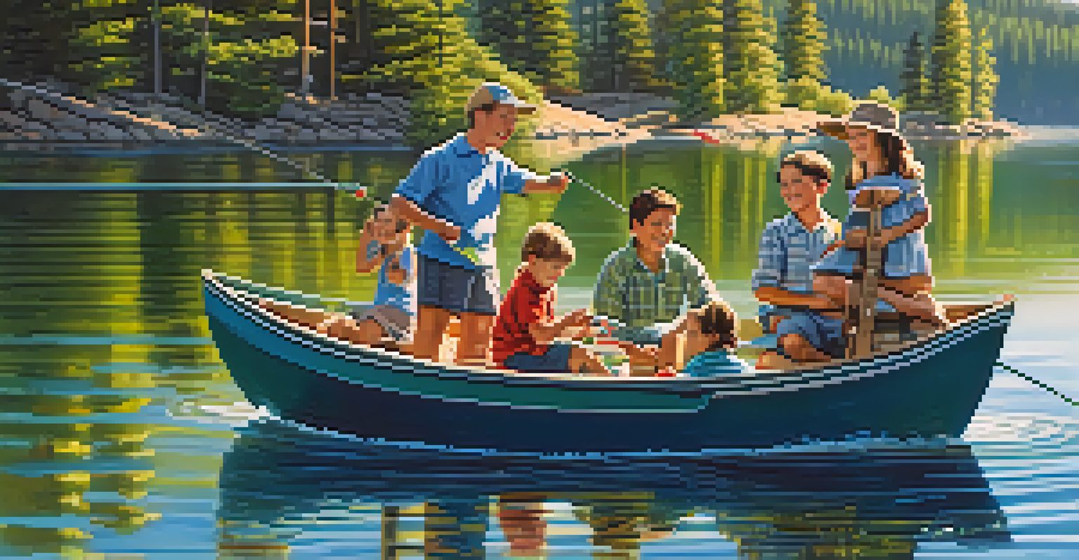 A family fishing together in a boat on Big Bear Lake, with children learning and a picnic basket on board.