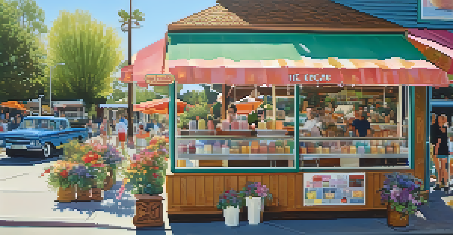 A variety of colorful ice cream flavors in a shop, with happy customers enjoying ice cream on a sunny patio.