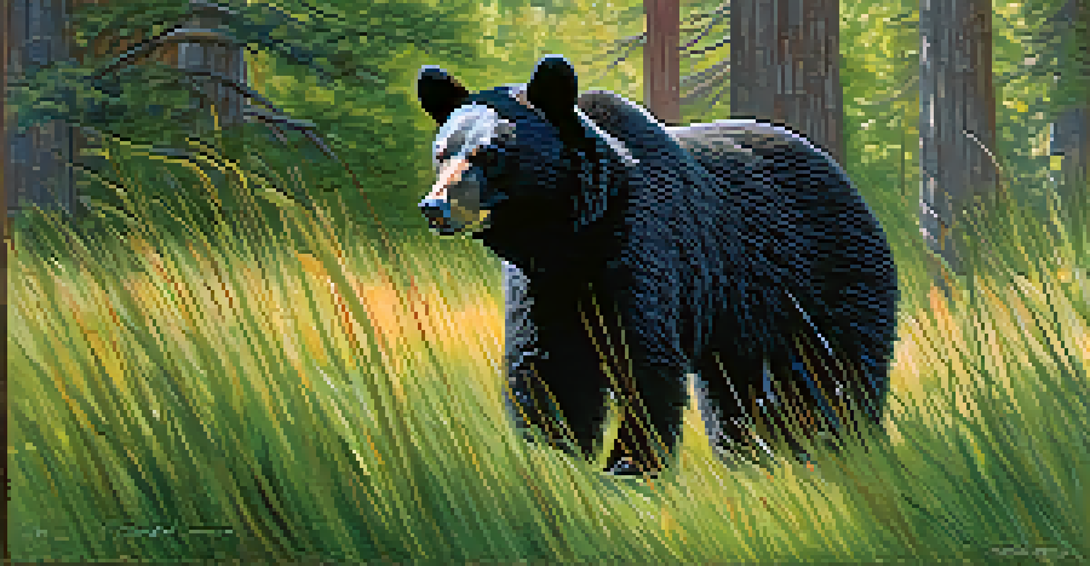 A black bear in the forest, standing in green grass with sunlight filtering through the trees, highlighting its fur.