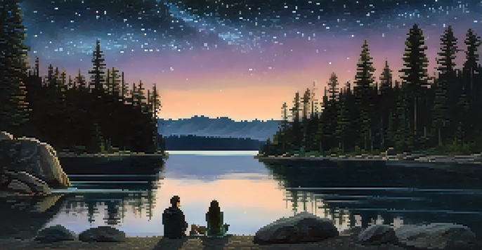 A couple sitting on a blanket by a lake at night, looking up at the starry sky and the Milky Way, with reflections on the water and pine trees in the background.