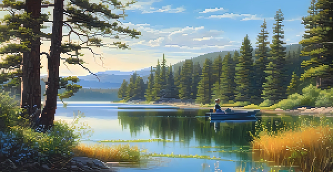 A peaceful spring scene at Big Bear Lake with blooming wildflowers, a clear blue sky, and an angler fishing.