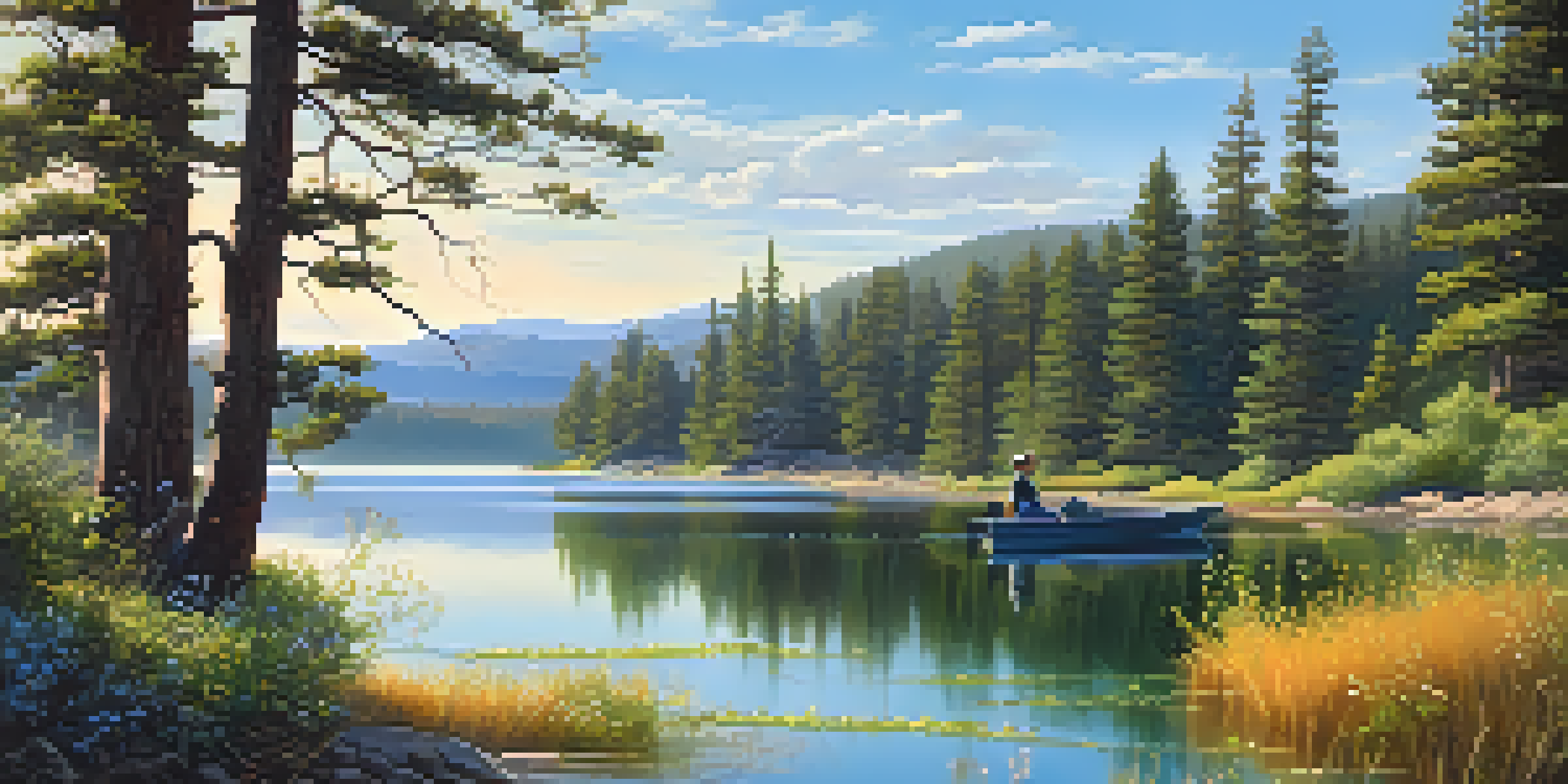 A peaceful spring scene at Big Bear Lake with blooming wildflowers, a clear blue sky, and an angler fishing.