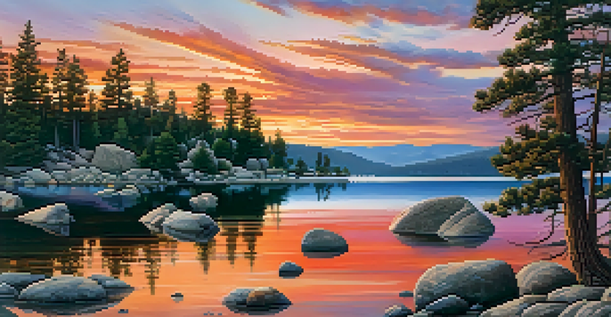A scenic view of a sunset over Big Bear Lake, with colorful skies and reflections on the water, framed by boulders and people having a picnic.