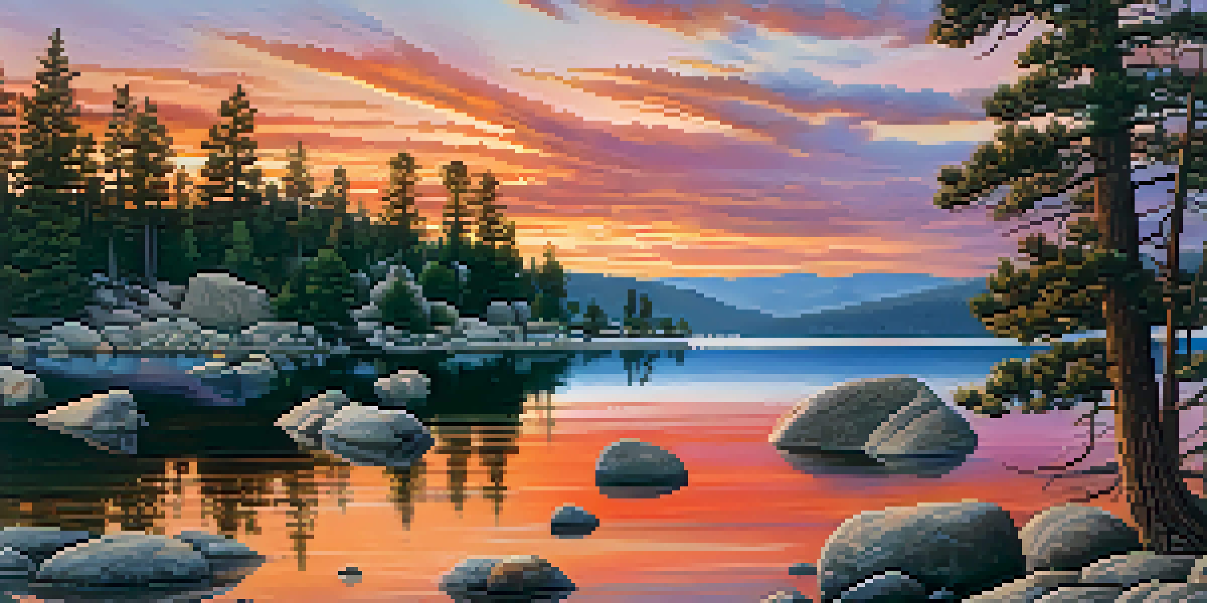 A scenic view of a sunset over Big Bear Lake, with colorful skies and reflections on the water, framed by boulders and people having a picnic.