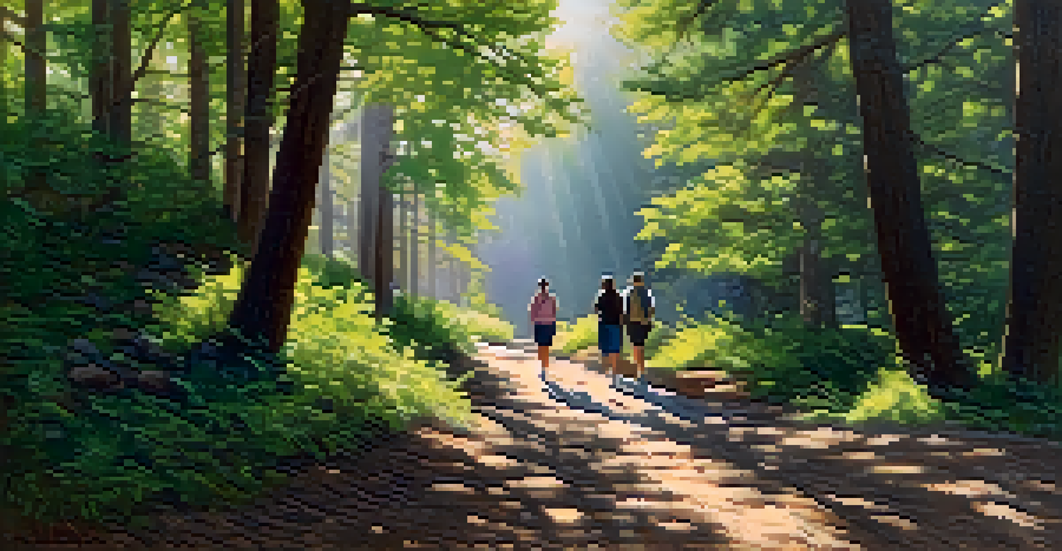 A nature walk during a meditation retreat with participants walking on a dirt path through a green forest, sunlight filtering through the trees.