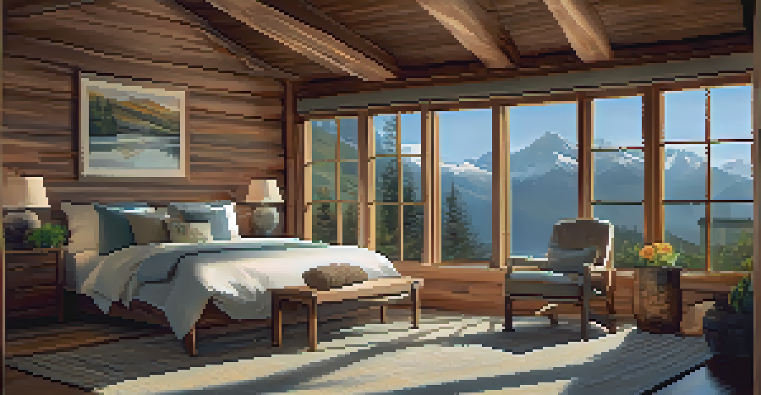 A cozy retreat room with wooden interiors, large windows, and a view of the mountains.