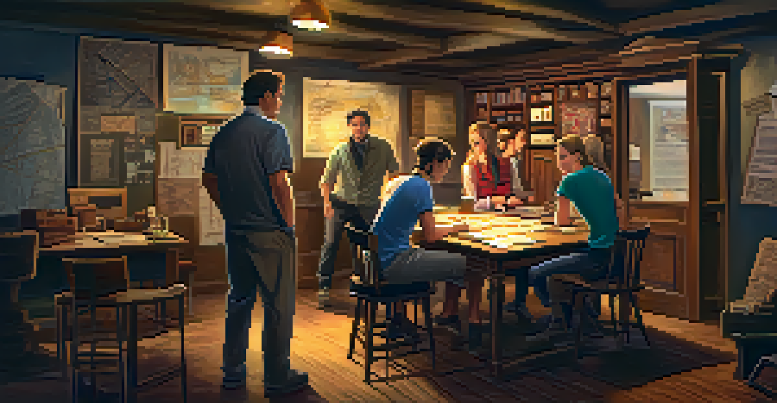 A group of friends collaborating at a table filled with clues in a dimly lit escape room, creating a suspenseful atmosphere.