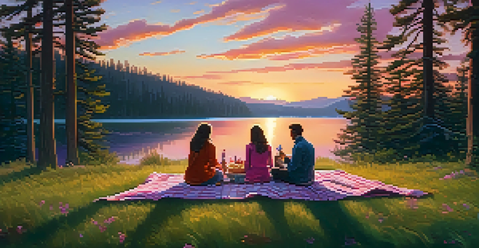 A picturesque sunset picnic at Big Bear with a blanket, picnic basket, and a couple enjoying their meal amidst a colorful sunset sky and tall pine trees.