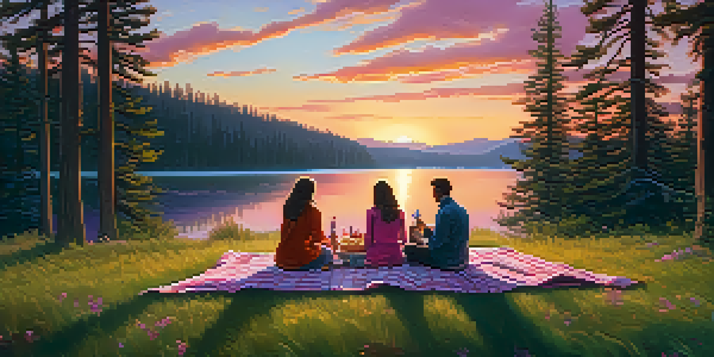 A picturesque sunset picnic at Big Bear with a blanket, picnic basket, and a couple enjoying their meal amidst a colorful sunset sky and tall pine trees.