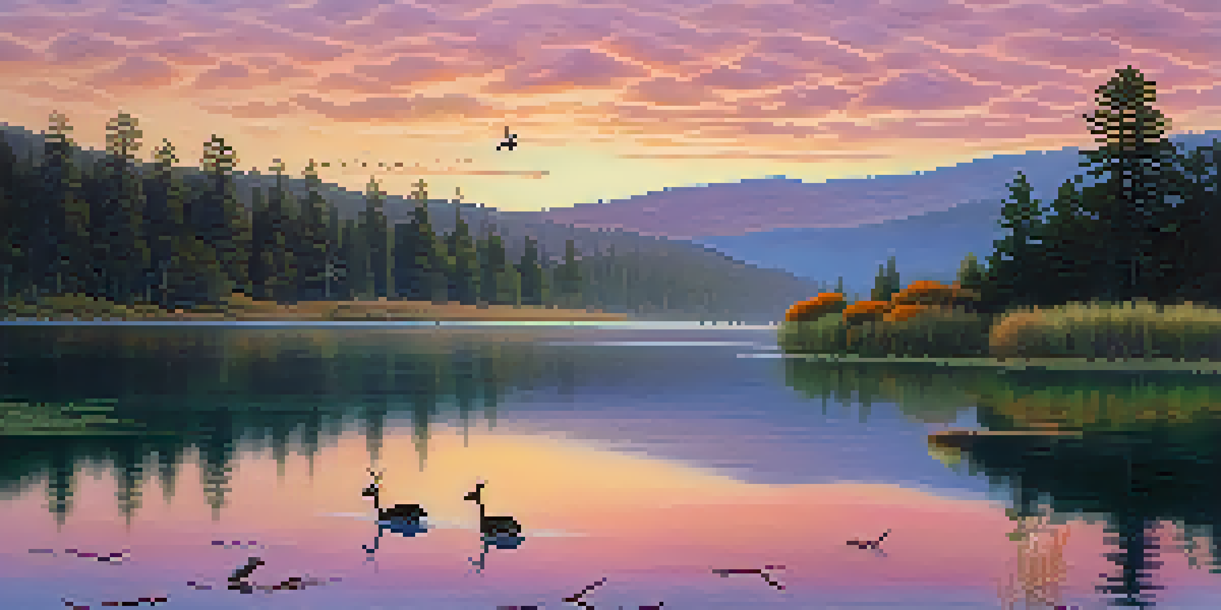 A peaceful morning scene in Big Bear Valley with a lake, forests, and a deer near the water, illuminated by a colorful sunrise.