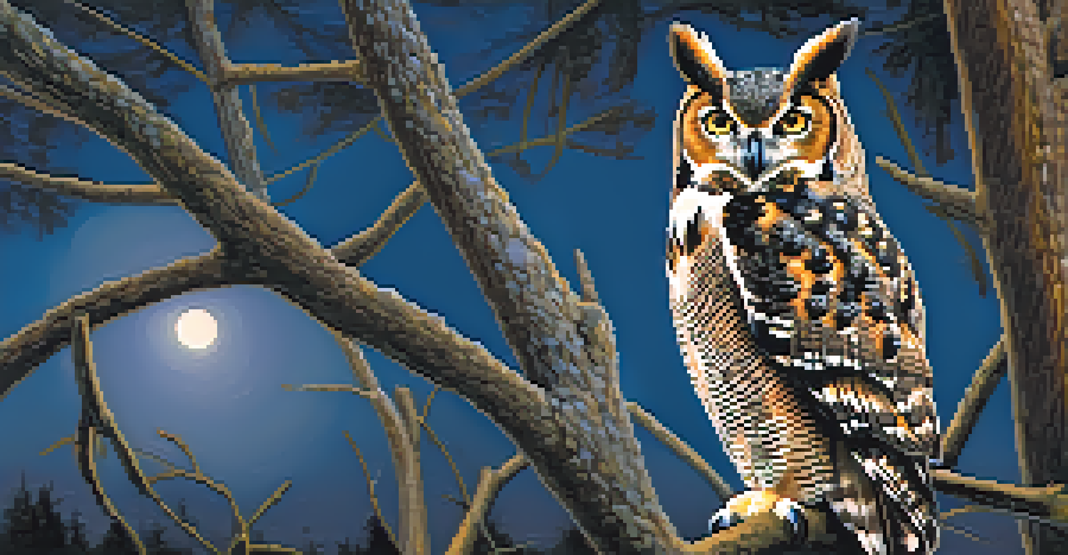 A close-up of a Great Horned Owl with illuminated eyes perched on a branch at night.