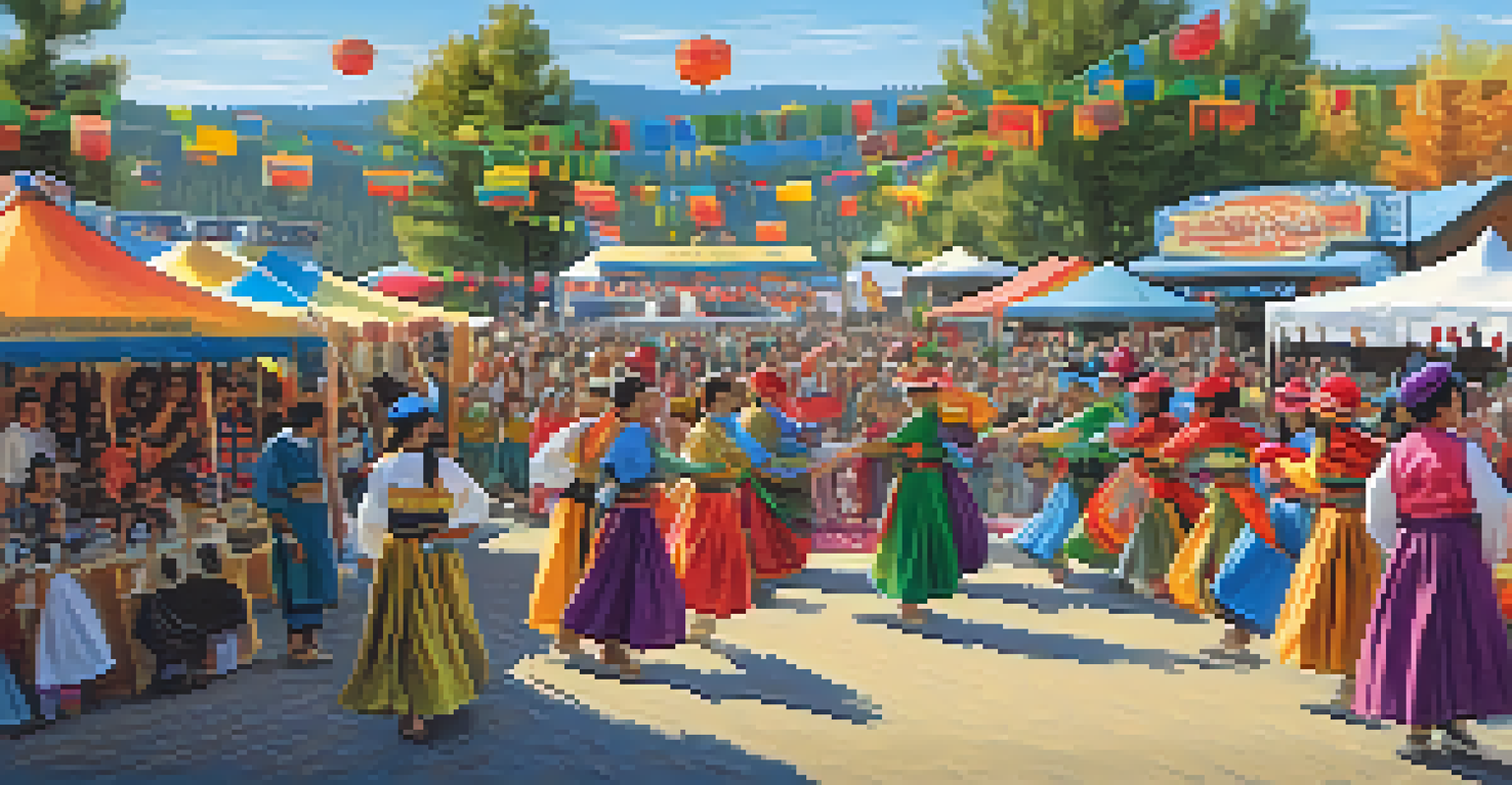 A cultural festival in Big Bear with people in colorful costumes performing traditional music and dance.