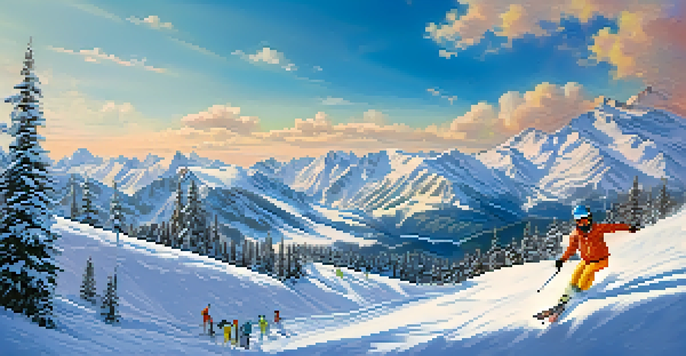 A sunny winter sports scene with skiers and snowboarders in colorful gear on a snowy mountain, surrounded by majestic peaks and a ski lodge.