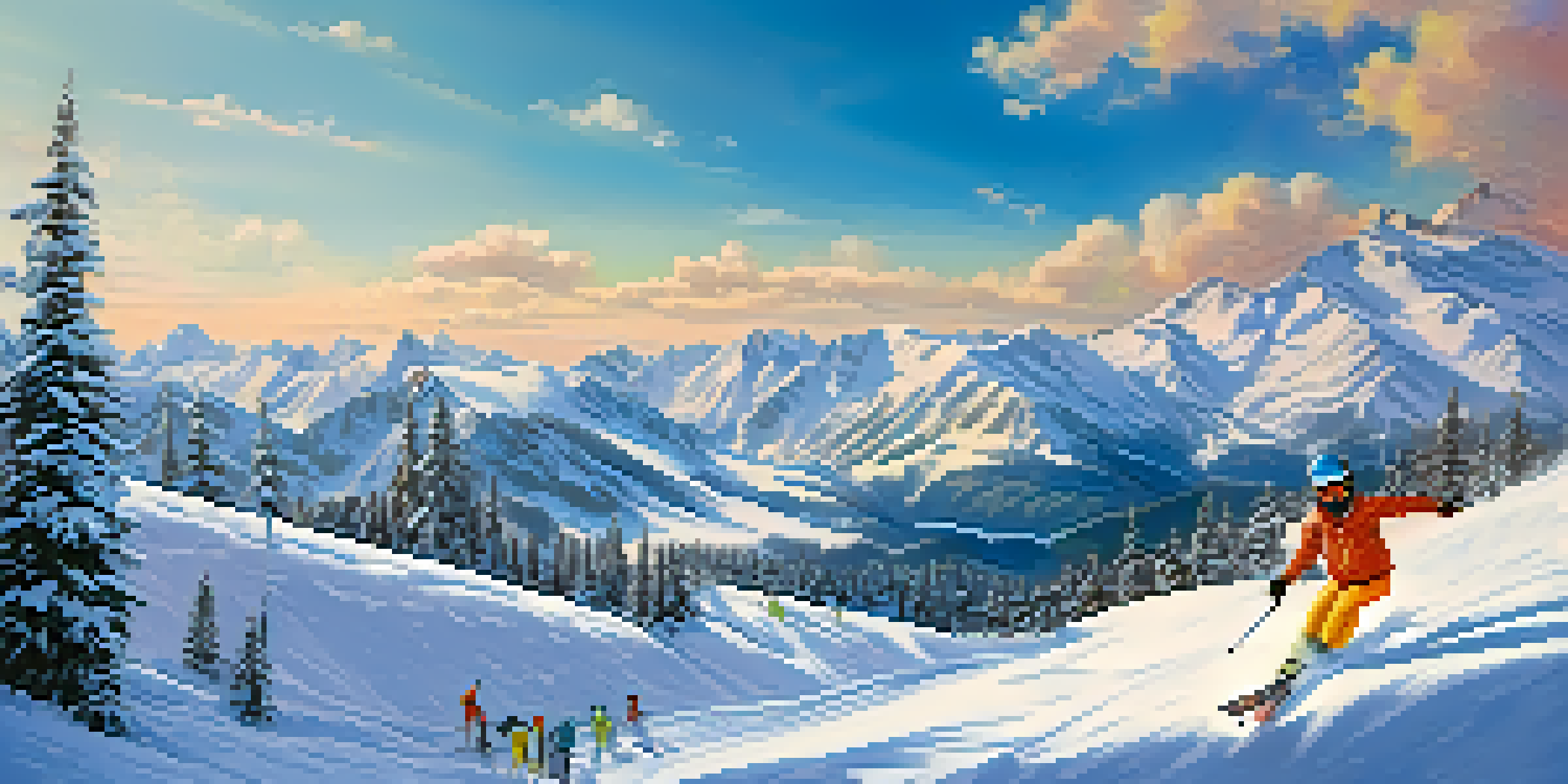 A sunny winter sports scene with skiers and snowboarders in colorful gear on a snowy mountain, surrounded by majestic peaks and a ski lodge.