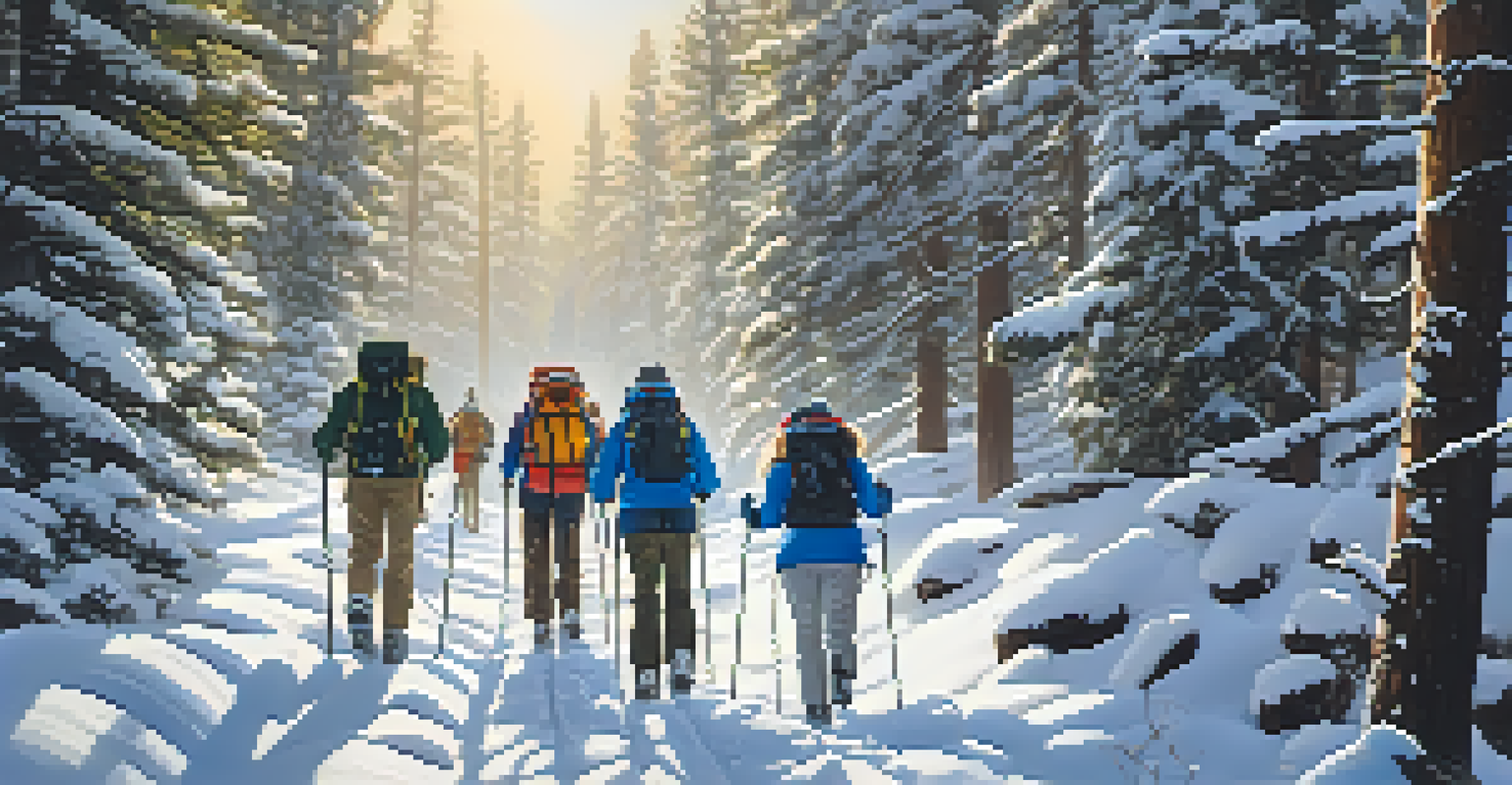 A group of hikers dressed in winter gear navigating a snowy trail surrounded by trees.