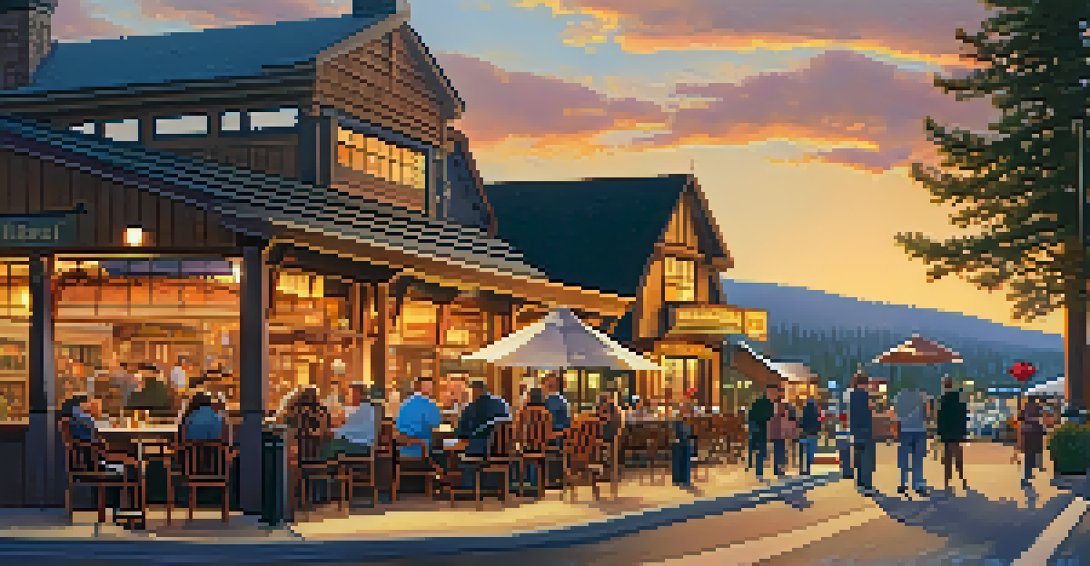 A sunset scene at Big Bear Lake Village, featuring shops and restaurants in golden light with people enjoying drinks on a patio.