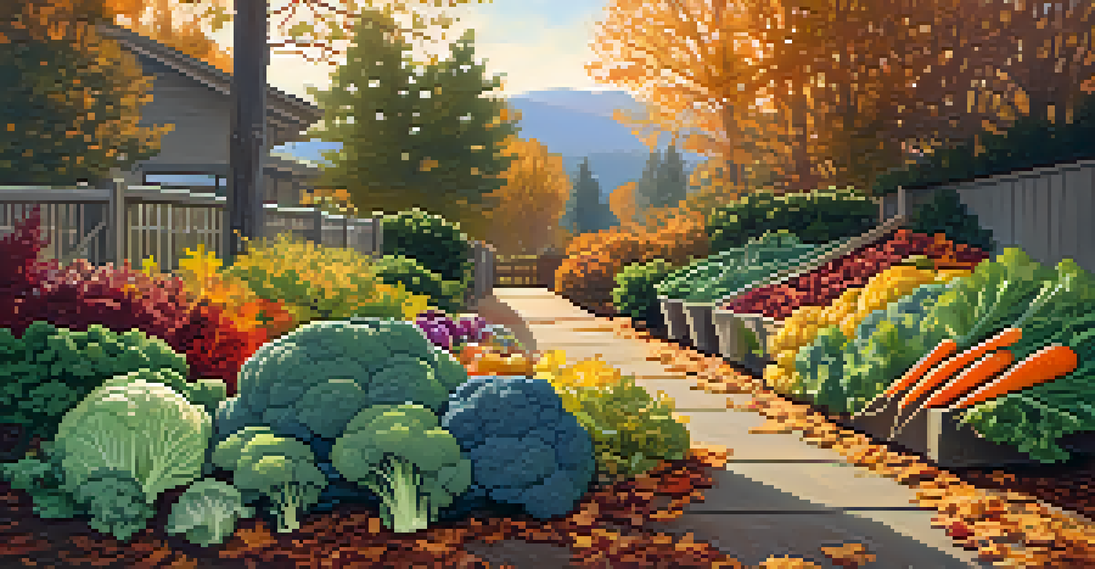 A colorful autumn garden with vegetables and fallen leaves illuminated by sunset light.