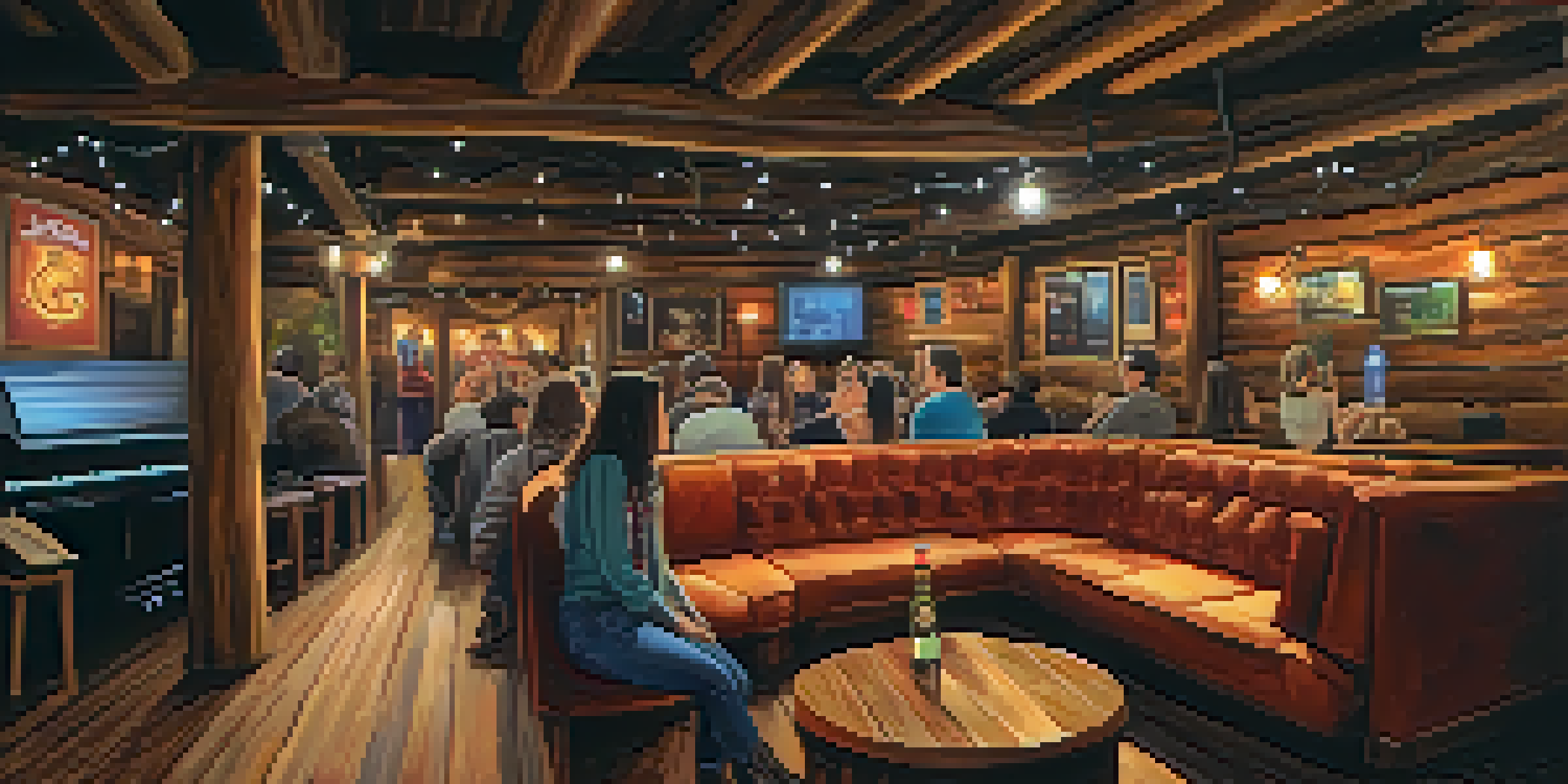 Interior view of The Cave music venue with warm lighting, patrons enjoying live music, and a small stage.